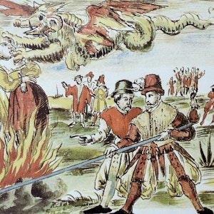 Die Zeichnung zeigt zwei Männer, die einen Scheiterhaufen entzünden, auf dem drei Frauen verbrannt werden, die man für Hexen hält
