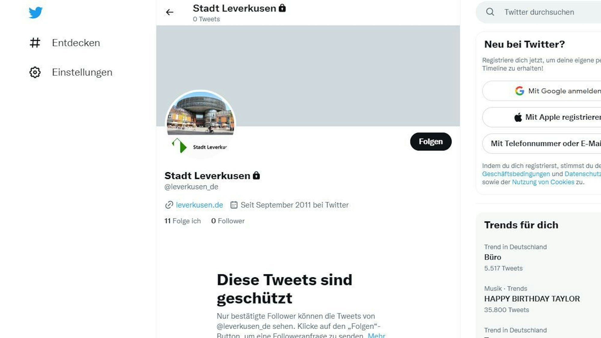 Screenshot von Twitter: Der städtische Account @Leverkusen_de ist zu sehen.
