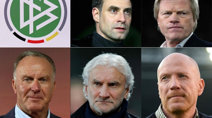 (COMBO) This combination created on December 13, 2022 of six pictures shows (Top L-R) the DFB logo ( on December 13, 2022) and members of an expert panel appointed by the German Football Association DFB, Oliver Mintzlaff (on December 12, 2017 in Wolfsburg), Oliver Kahn (on January 17, 2020 in Gelsenkirchen, (bottom row L-R) Karl-Heinz Rummenigge (on May 29, 2017 in Munich), Rudi Voeller (on February 15, 2014 in Leverkusen) and Matthias Sammer (on December 19, 2015 in Hanover). - DFB-President Bernd Neuendorf announced on December 13, 2022 that the panel was created following the German national football team's bad performance at the Qatar 2022 Football World Cup, in order to support the association in crisis management. The German national team had crashed out in the group stage of the Qatar tournament for the second consecutive World Cup. (Photo by AFP)