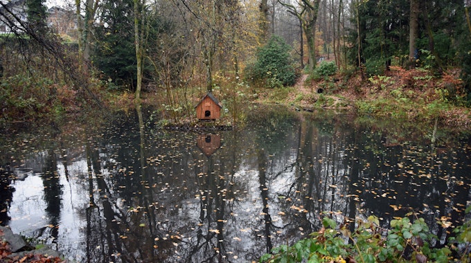 Ein Holzhäuschen steht im Waldbröler Entenweiher. Herbstliches Laub liegt auf dem Wasser.