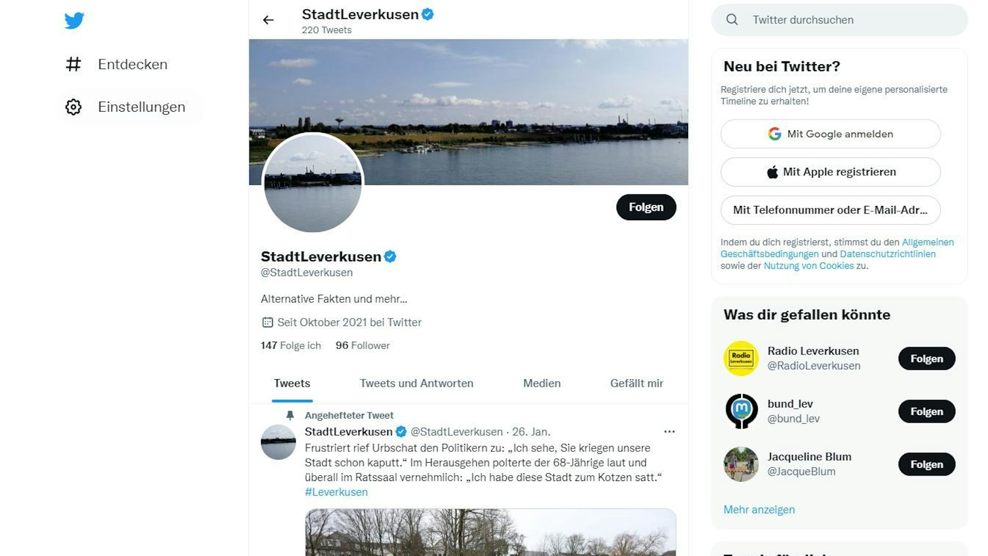 Screenshot von Twitter, der den Account @StadtLeverkusen mit blauem Haken zeigt.