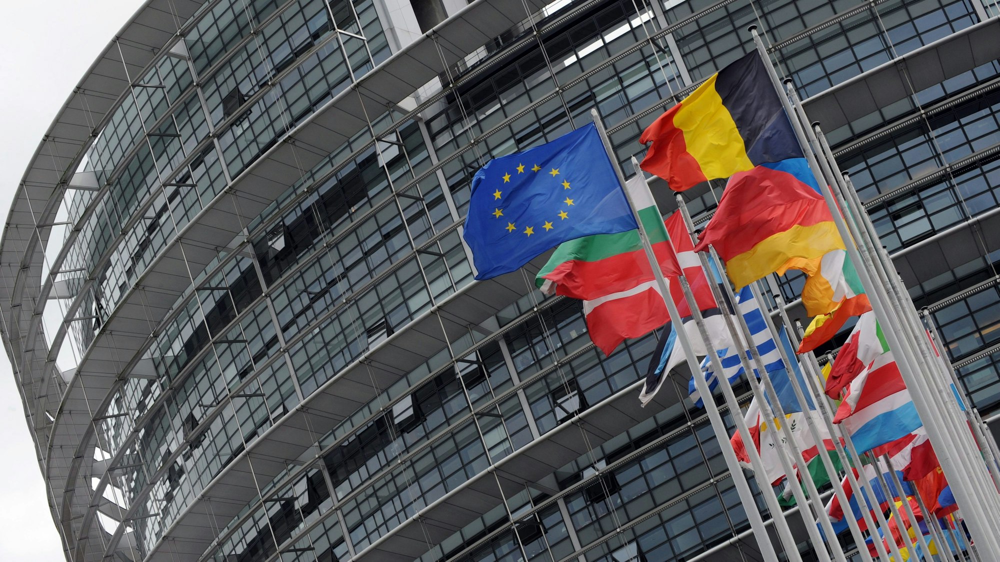 Man sieht von schräg unten das Gebäude des EU-Parlaments, die Flaggen der Mitgliedsstaaten ragen von unten in das Bild.
