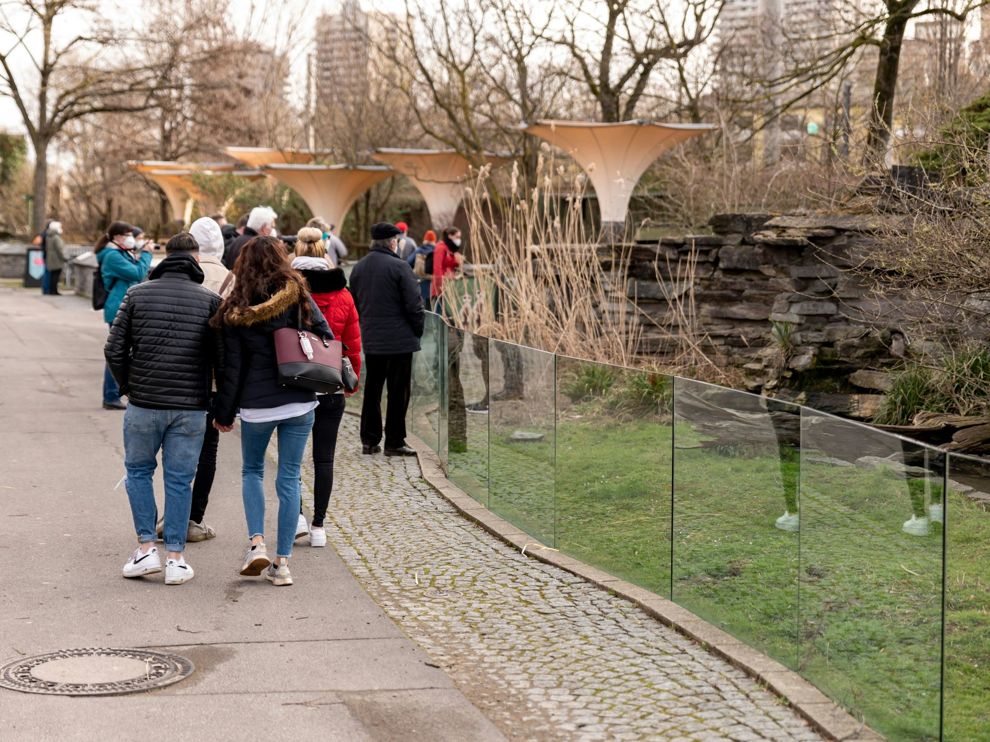 Menschen gehen in dicken Klamotten durch den Kölner Zoo. Rechts ist ein kleineres Gehege zu sehen.