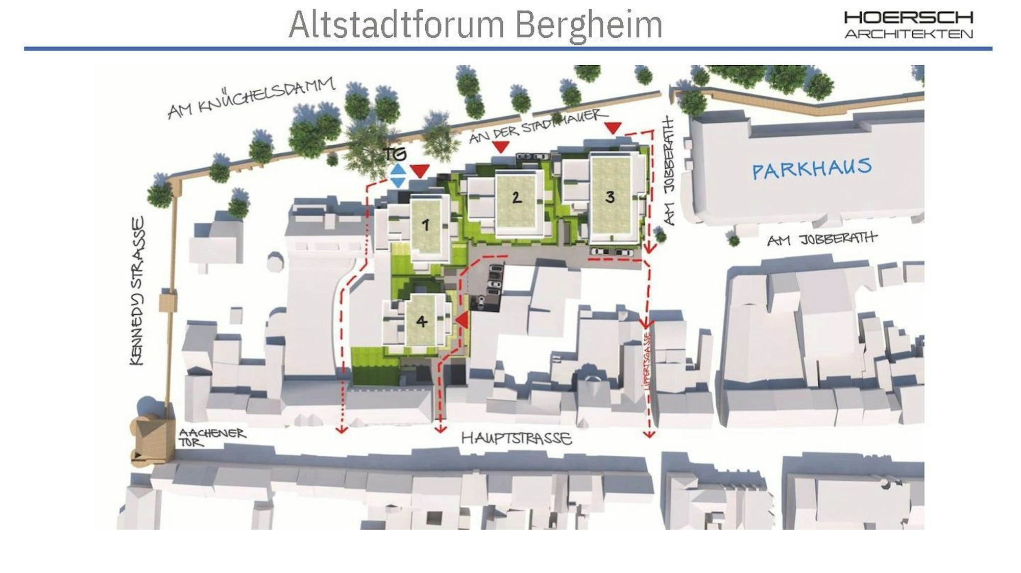 Skizze der Bergheimer Innenstadt mit zu bebauenden Grundstücken