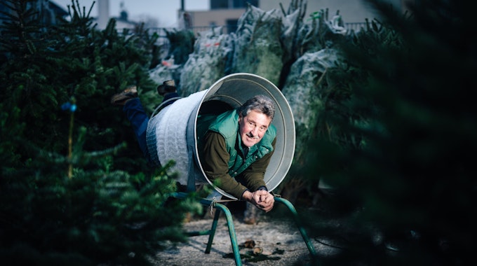 Der Weihnachtsbaumverkäufer Karl-Heinz Weber ist von Weihnachtsbäumen umgeben und schaut in die Kamera