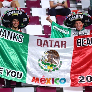 Fans aus Mexiko stehen vor dem Spiel mit einer Flagge auf der Tribüne.
