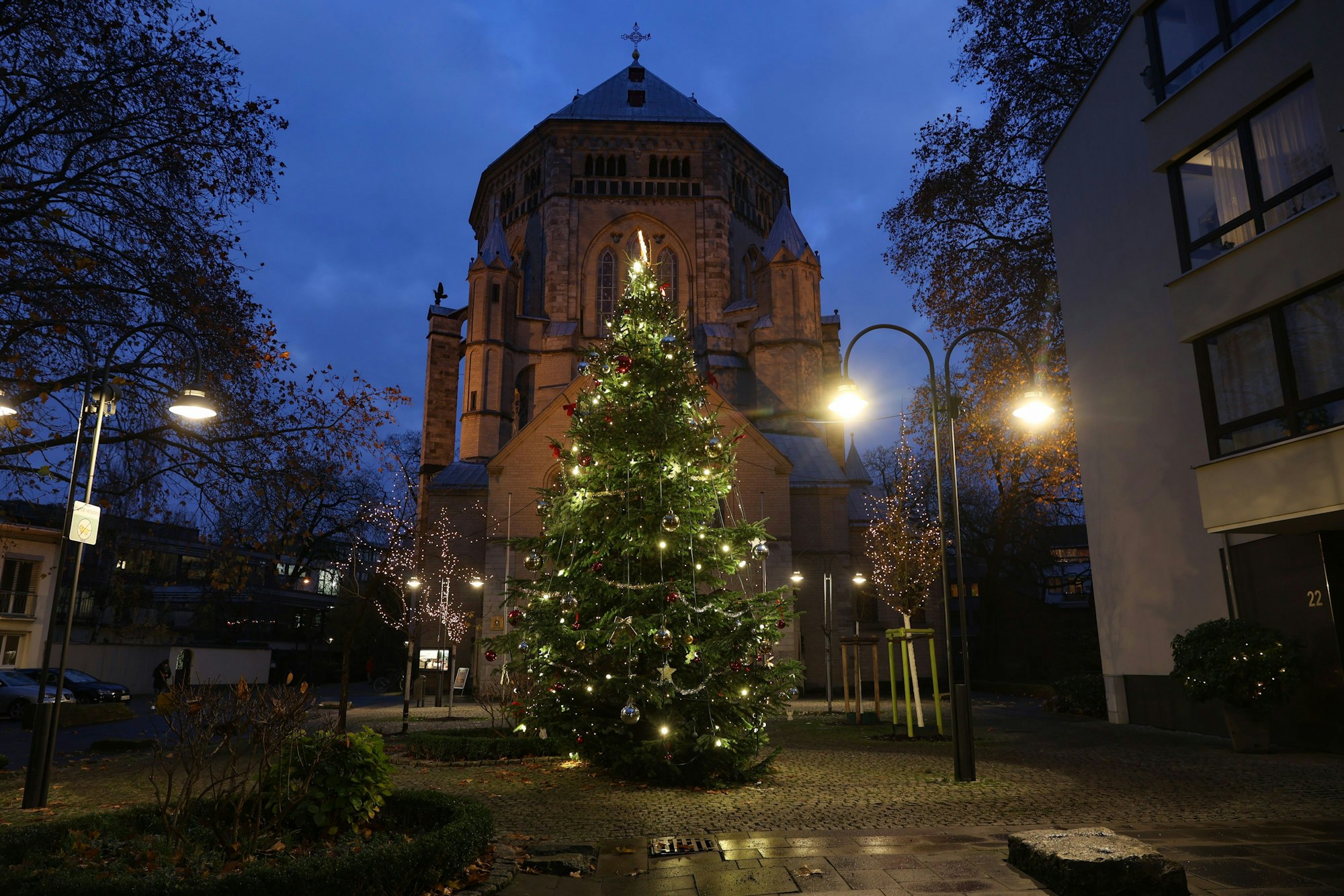 Ein Weihnachtsbaum steht vor der Kirche Sankt Gereon. Er ist mit Weihnachtskugeln und Lichterketten geschmückt. Der Himmel ist dunkelblau.