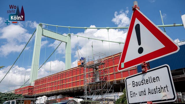 Das Bild zeigt die Baustelle der Mülheimer Brücke und ein Baustellenschild.&nbsp;