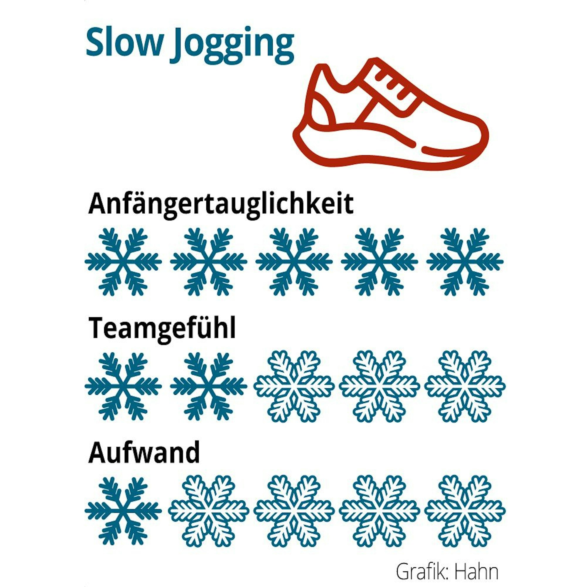 Die Bewertung für Slow Jogging: Anfängertauglichkeit 5 von 5 Schneeflocken, Teamgefühl 2 von 5 Schneeflocken und der Aufwand beträgt 1 von 5 Schneeflocken.