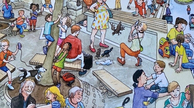 Das Kölner Wimmelbuch ist illustriert von Brigitte Kuka. Hier eine Szene auf der Kölner Domplatte mit vielen Menschen und dem Bogen der römischen Wasserleitung.