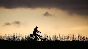 Eine Radfahrerin ist am Morgen nach Sonnenaufgang mit ihrem Hund unterwegs, während im Hintergrund dunkle Regenwolken aufziehen.