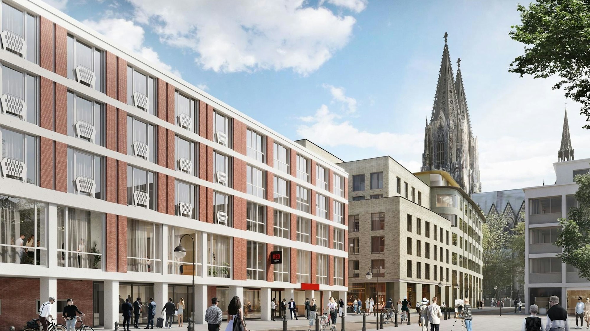 Die Visualisierung zeigt den Blick auf das Neubauprojekt Laurenz-Carré, im Hintergrund ist der Kölner Dom zu sehen.