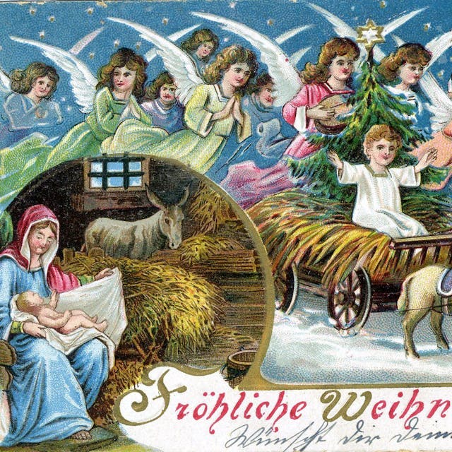 Die 1907 gelaufene Grußkarte zeigt zahlreiche Weihnachtsengel und Maria mit dem Jesuskind im Stall von Bethlehem
