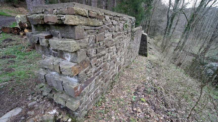 Eine Bruchsteinmauer steht in einem Wald.
