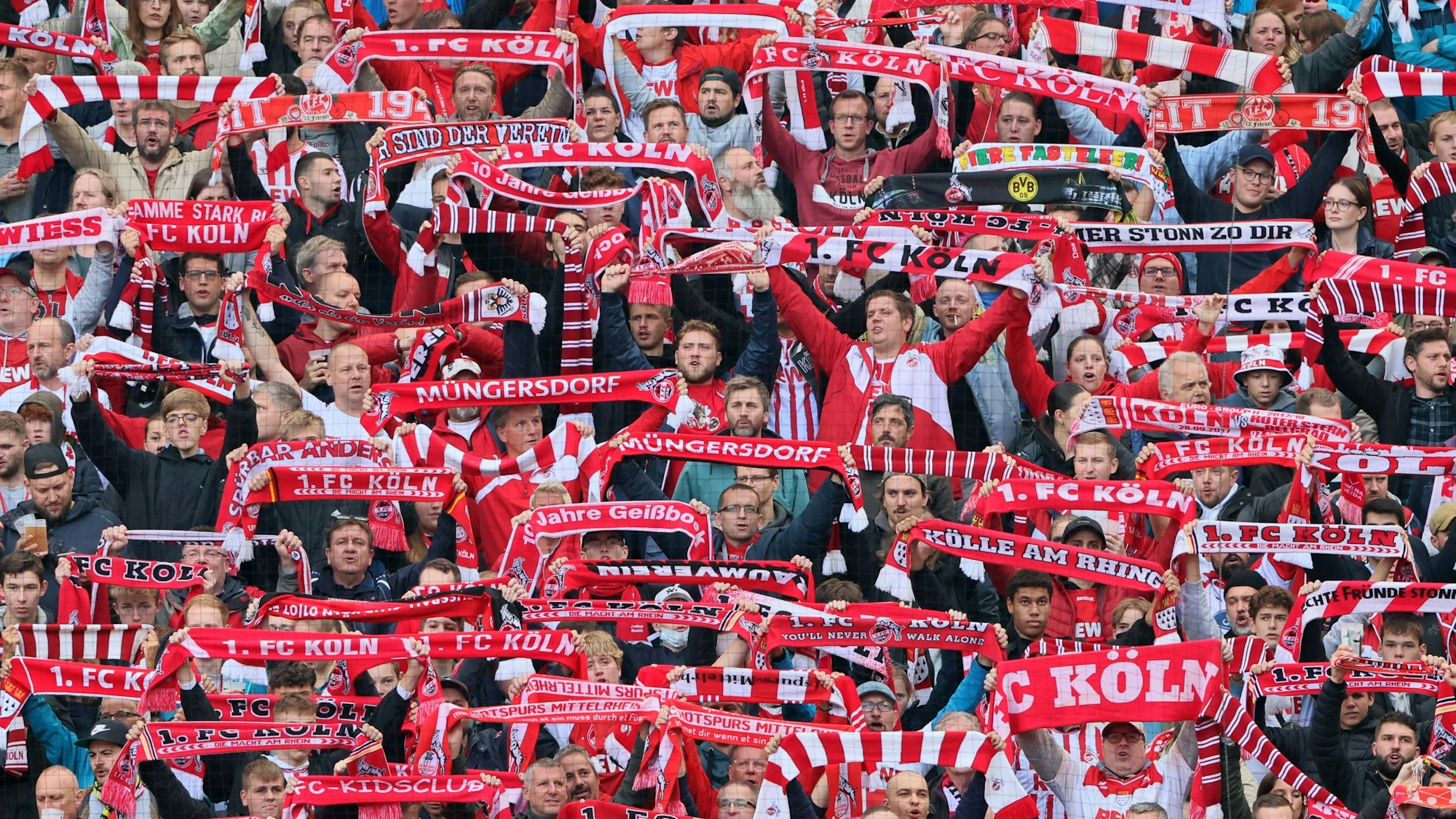 Fans des 1. FC Köln halten in die Südkurve ihre Schals hoch.