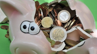 Ein Sparschwein liegt verschlagen auf einer grünen Oberfläche, es sind Geldmünzen in dem Schwein.
