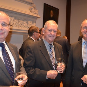 Willy Harren (Mitte) beim Barbaraempfang 2016. Neben ihm RWE-Power-Vorstandsvorsitzender Matthias Hartung (r.) und der CDU-Bundestagsabgeordnete Georg Kippels.