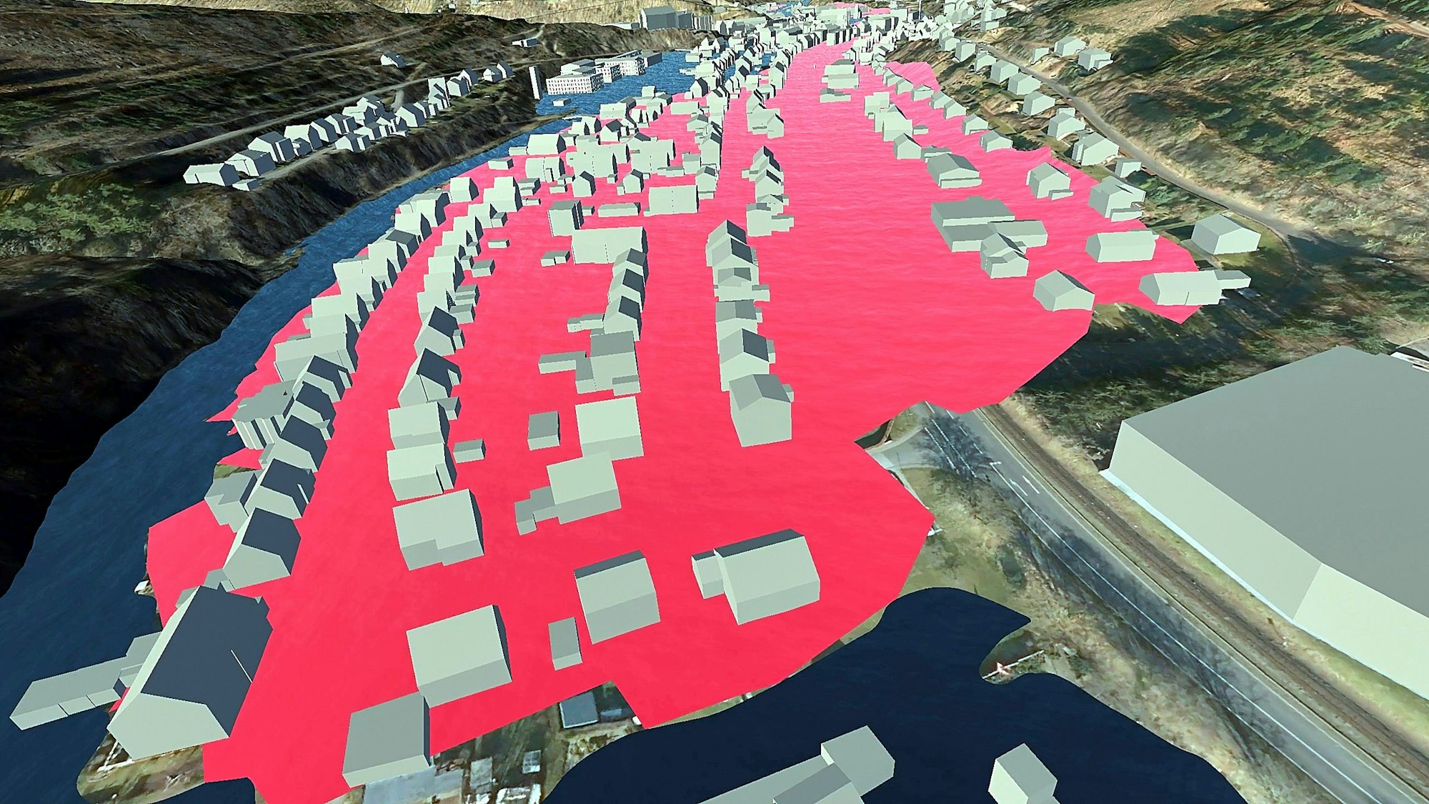 In Rot zeigt die Simulation die Überschwemmungen im Bereich Dronkestraße in Schleiden.