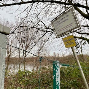 Tor und Zaun mit Verbotsschildern am bewaldeten Seeufer