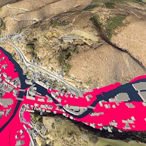 In Rot sind in der Simulation die im Juli 2021 überfluteten Bereiche der Gemünder Innenstadt dargestellt.