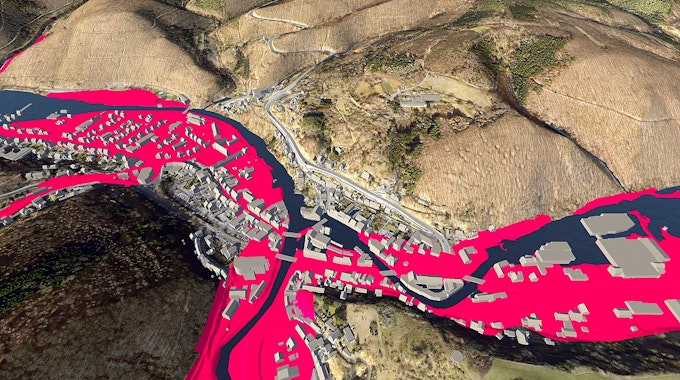 In Rot sind in der Simulation die im Juli 2021 überfluteten Bereiche der Gemünder Innenstadt dargestellt.