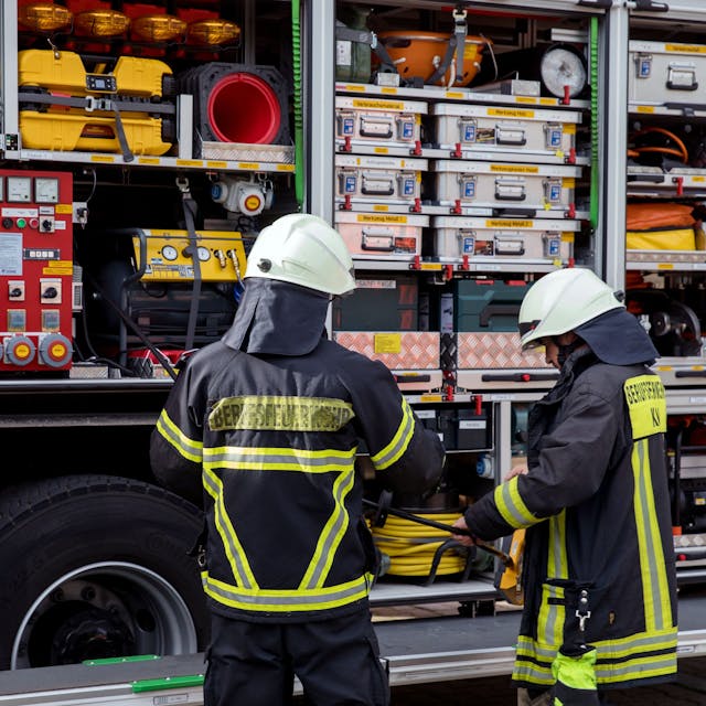 Einsatzkräfte der Feuerwehr stehen an einem Feuerwehrfahrzeug.