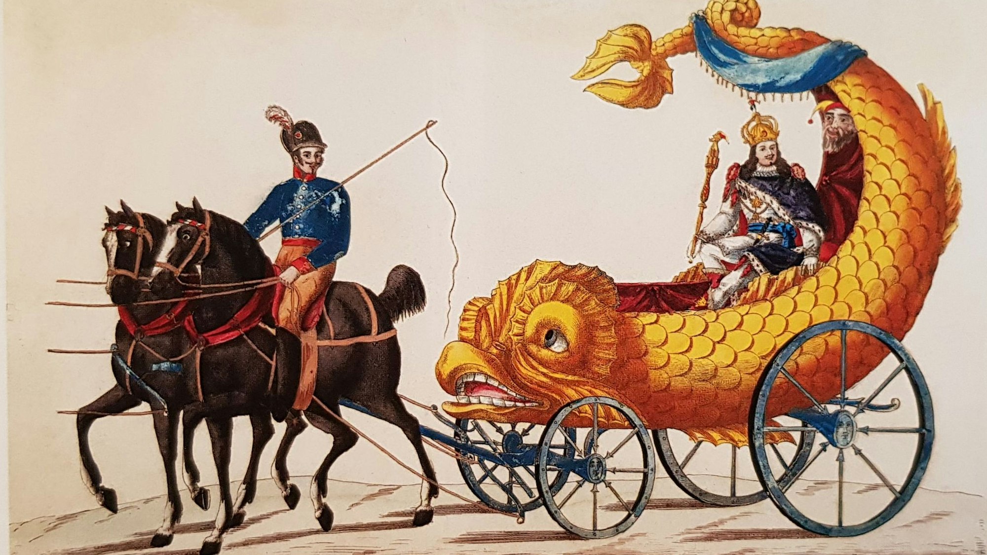 Abbildung von „Held Carneval“ Emilio Cianola aus dem Jahr 1823. Damals fand der erste Rosenmontagsumzug am Neumarkt statt, die Abbildung entstand im Jahr 1824