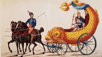 Abbildung von „Held Carneval“ Emilio Cianola aus dem Jahr 1823. Damals fand der erste Rosenmontagsumzug am Neumarkt statt, die Abbildung entstand im Jahr 1824
