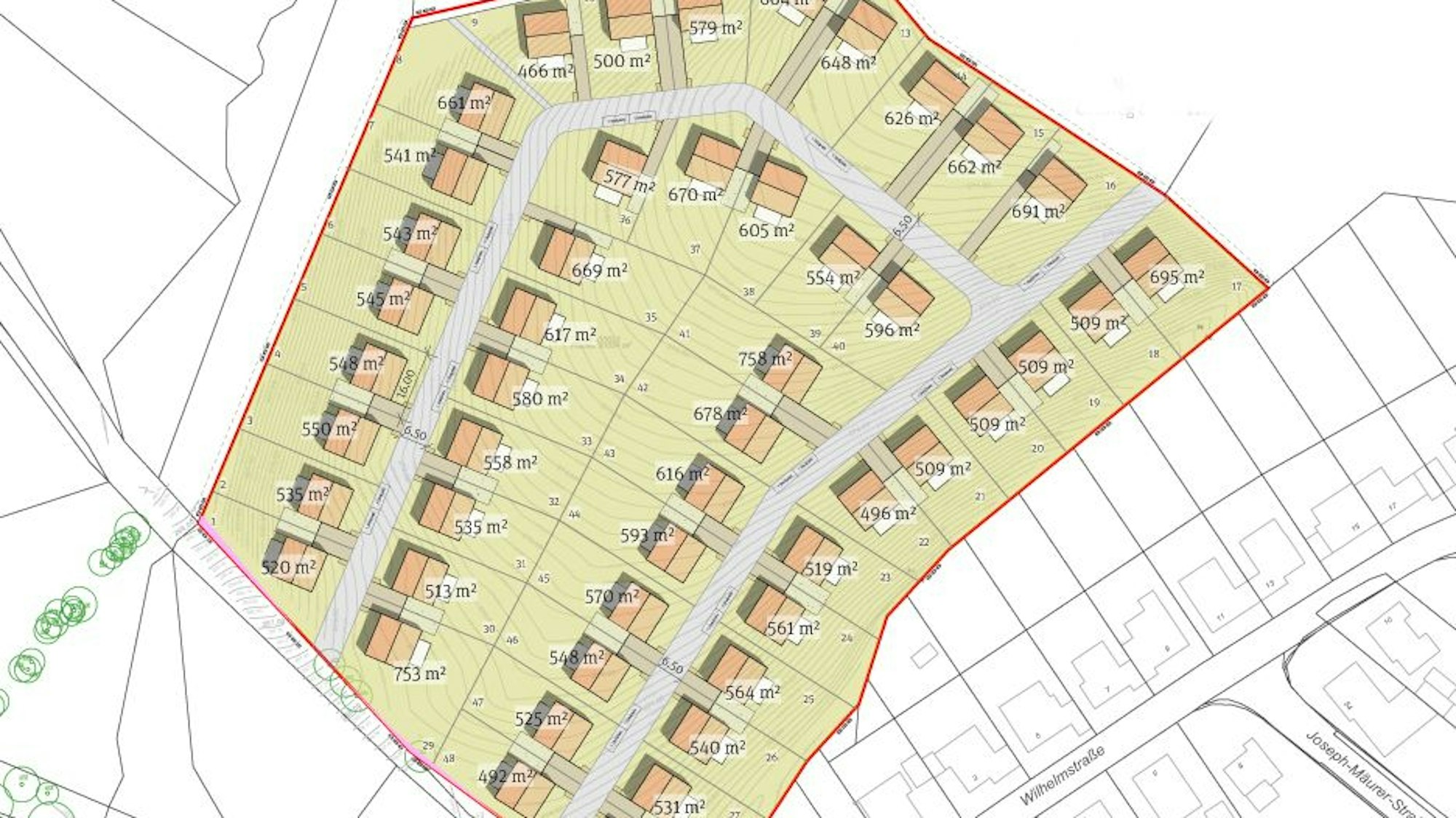 Platz für 48 Einfamilienhäuser: So sieht der Entwurf des Neubaugebiets Reinshagensbusch aus. Das Foto entstand im September 2022.