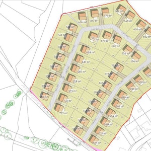 Platz für 48 Einfamilienhäuser: So sieht der Entwurf des Neubaugebiets Reinshagensbusch aus. Das Foto entstand im September 2022.