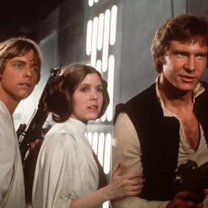 Luke Skywalker, Prinzessin Leia Organa und Han Solo im sechsten Teil der „Star Wars“-Saga „Die Rückkehr der Jedi-Ritter“.