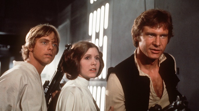 Luke Skywalker, Prinzessin Leia Organa und Han Solo im sechsten Teil der „Star Wars“-Saga „Die Rückkehr der Jedi-Ritter“.