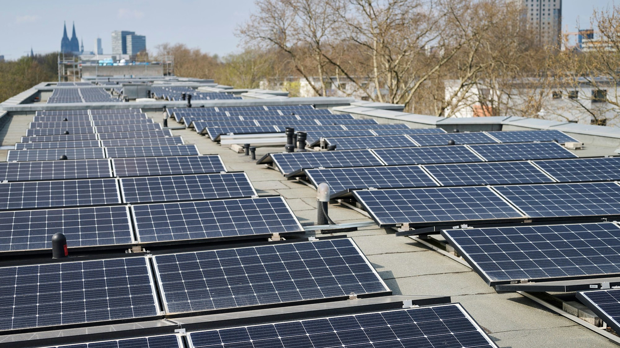 Das Bild zeigt Photovoltaikanlagen der GAG auf einem Dach mit Blick auf den Kölner Dom.