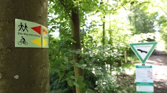 Wanderweg-Schilder an einem Baumstamm im Wald