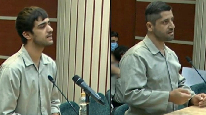 Mohammad Mahdi Karami und Seyyed Mohammad Hosseini, die am Samstagmorgen hingerichtet wurden, bei einer Gerichtsverhandlung in Karadsch am 5. Dezember.