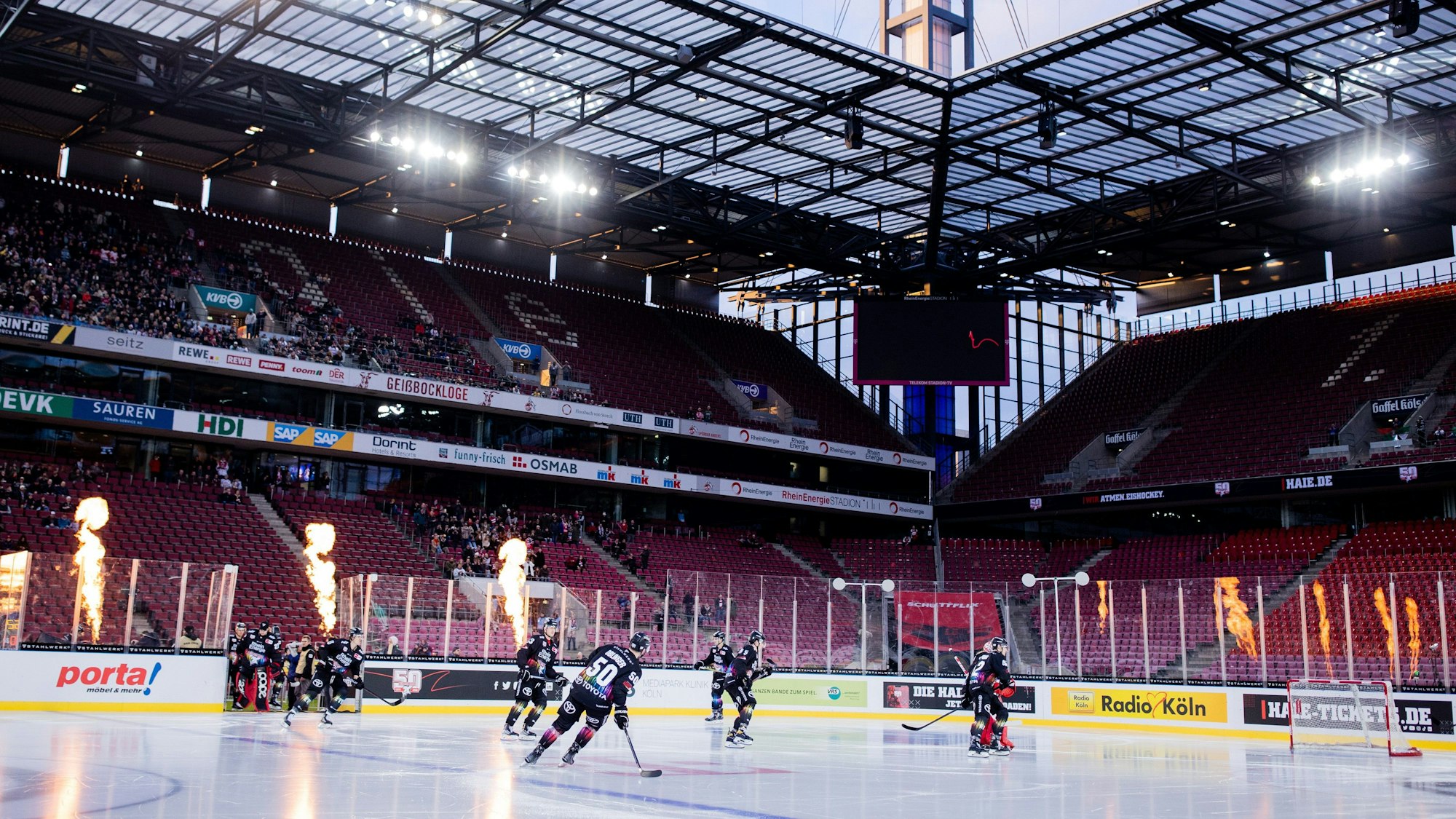 Köln: Eishockey: DEL, Kölner Haie - Augsburger Panther, Hauptrunde, 41. Spieltag, RheinEnergieStadion. Die Kölner Spieler kommen auf das Eis. Foto: Rolf Vennenbernd/dpa +++ dpa-Bildfunk +++