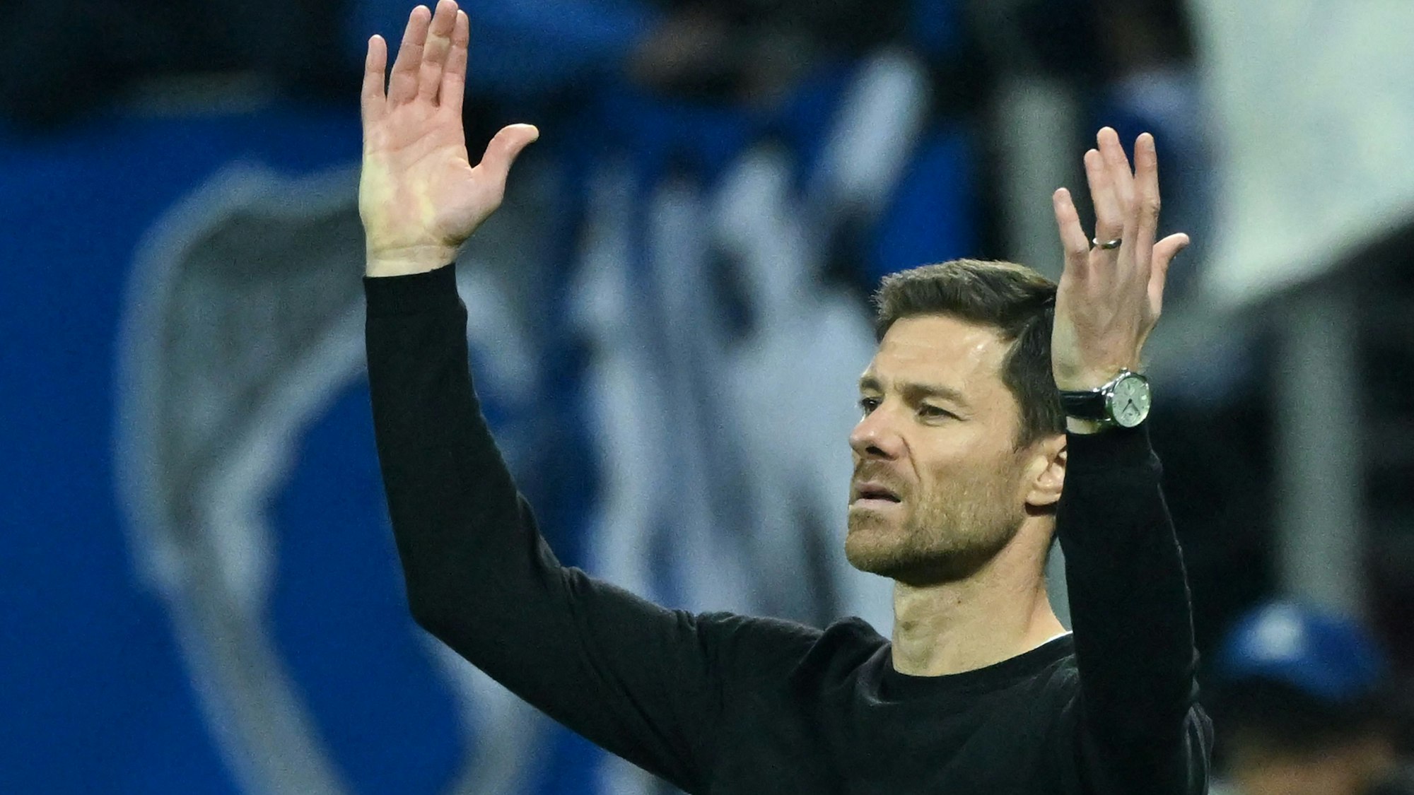 Leverkusen's Spanish head coach Xabi Alonso reacts during the UEFA Champions League Group B football match between Bayer 04 Leverkusen and FC Porto in Leverkusen, western Germany, on October 12, 2022. (Photo by INA FASSBENDER / AFP)