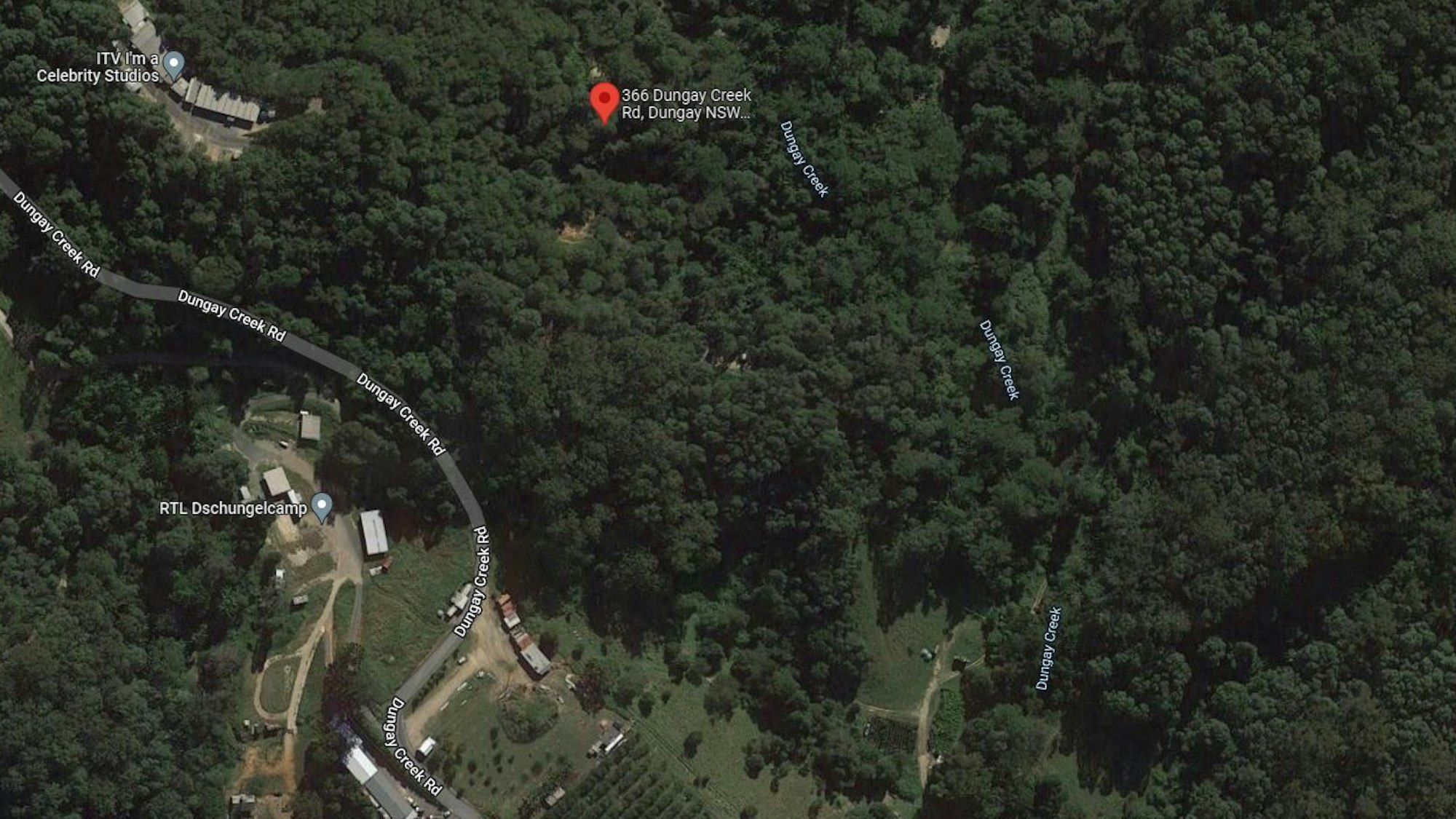 Das Dschungelcamp am Rande des Dschungels in Australien, hier zu sehen auf Google Maps.