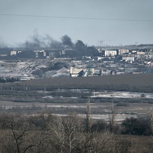 Smoke raises after shelling in Soledar, Donetsk region, Ukraine, Wednesday, Jan. 11, 2023. (AP Photo/Libkos)