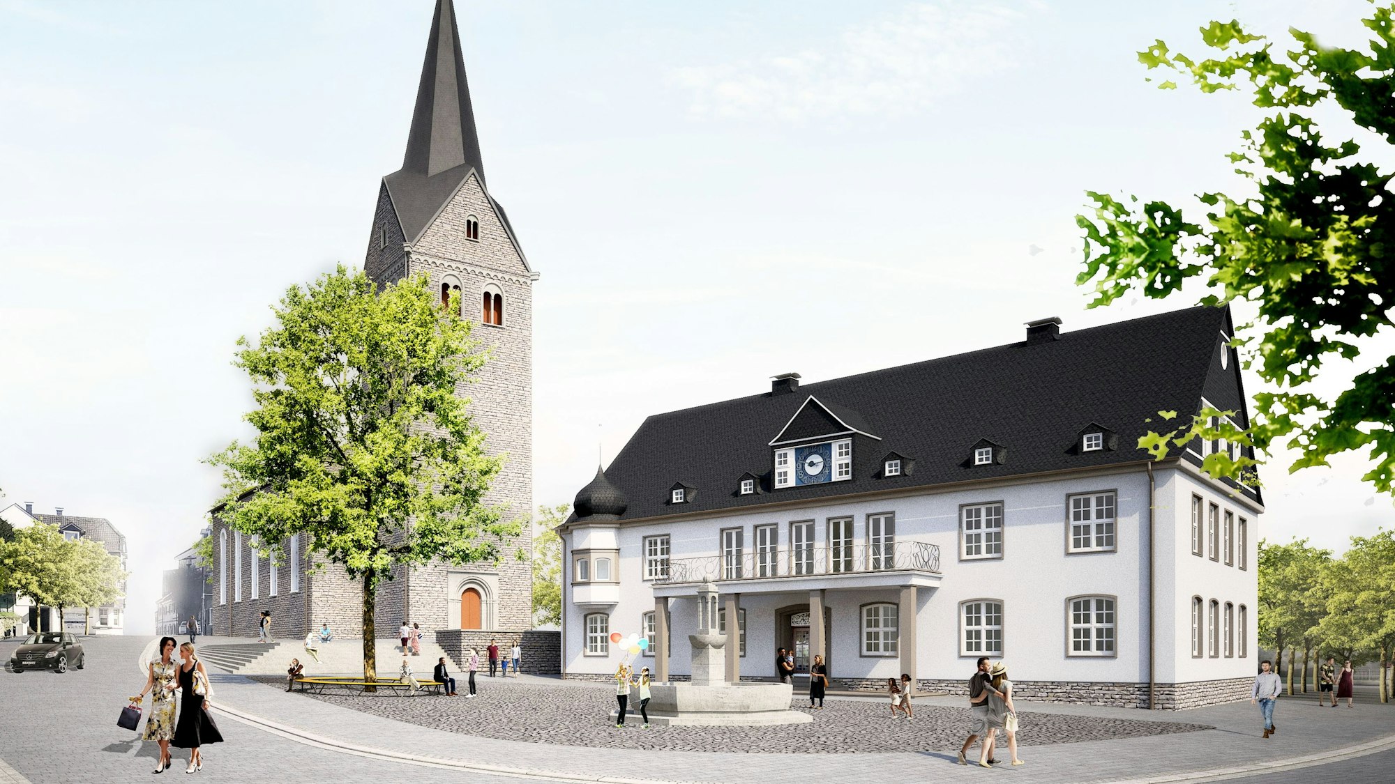 Auf einer Grafik ist das Stadtzentrum von Wiehl mit Rathaus und Kirche zu sehen, wie es nach der aktuellen Sanierung aussehen soll. Hell und mit Bäumen begrünt.