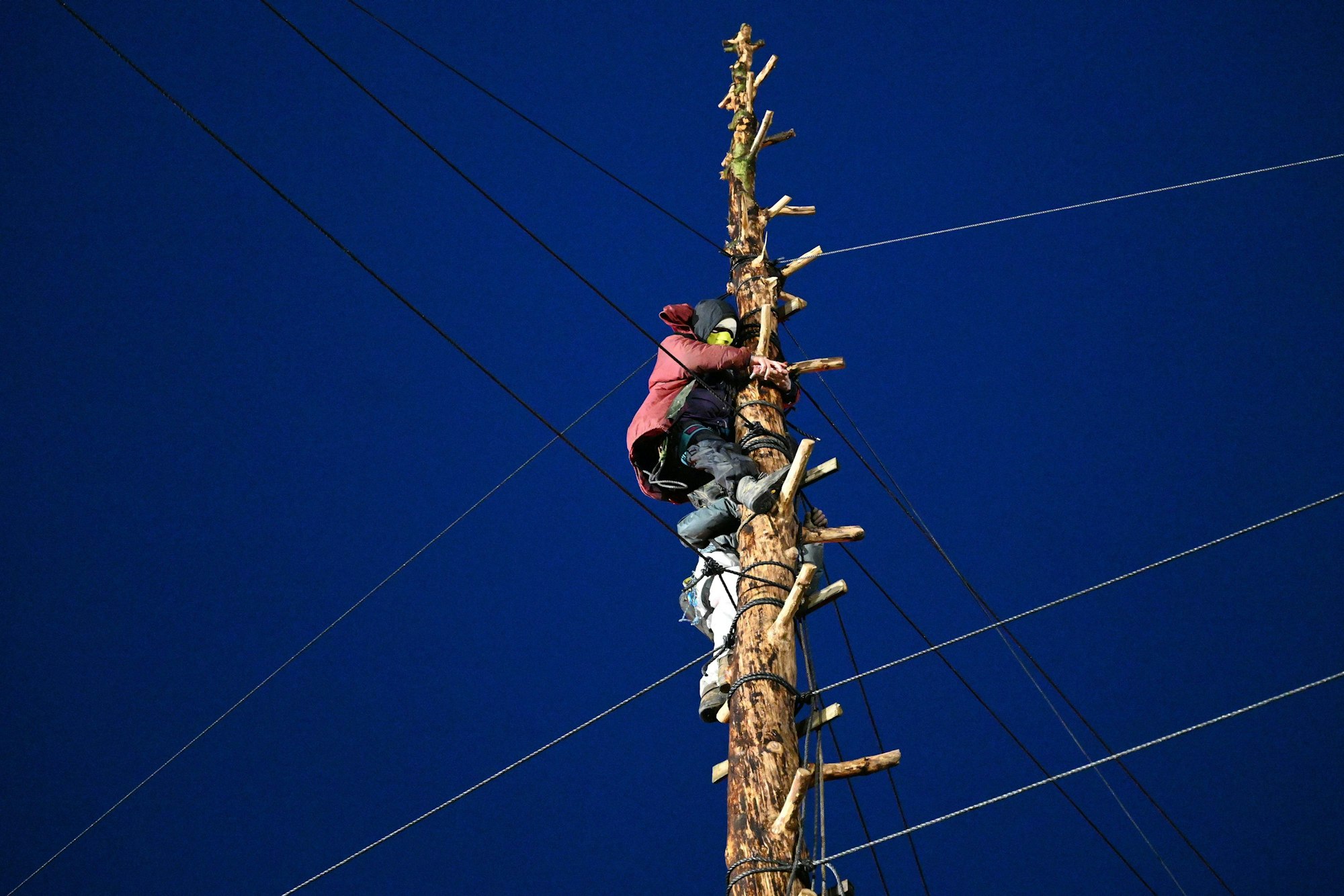 12.01.2023, Nordrhein-Westfalen, Erkelenz: Ein Klimaaktivist klettert auf einen Baum am zweiten Tag der Räumung im von Klimaaktivisten besetzten Braunkohleort Lützerath.