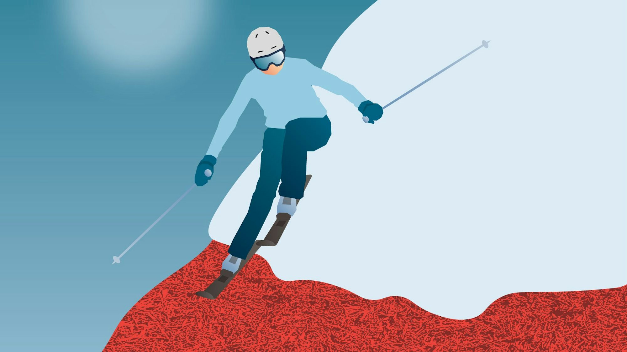 Ein Skifahrer braust einen Abfahrtshang hinunter. Oben ist Schnee, unten gerät er auf die Wiese.