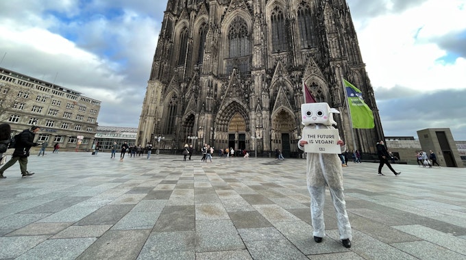Für eine PETA-Aktion vor dem Kölner Dom hat sich ein Aktivist als großes Tofu verkleidet.