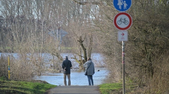 Ein Mann und eine Frau stehen auf einem Weg. Vor ihnen hat das Wasser des Rheins den Weg überflutet, Bäume ragen aus dem Wasser.
