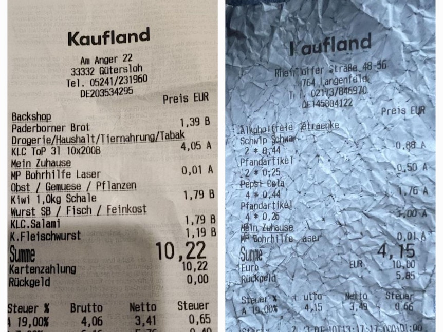 Diese Kassenbons teilten "mydealz"-User als Beweis dafür, dass sie die Laser-Bohrhilfe für den Schnäppchenpreis von 0,01 Euro in den Kaufland-Märkten in Gütersloh und Langenfeld bekommen haben.