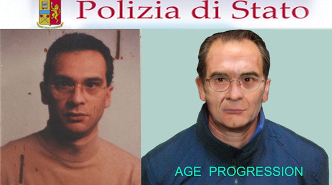 Ein damaliges Fahndungsfoto und ein Phantombild der italienischen Polizei auf Sizilien zeigt den seit 30 Jahren flüchtigen Cosa Nostra-Chef Matteo Denaro.