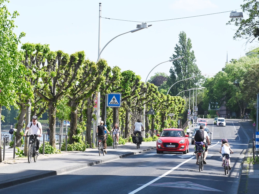 Autos und Radfahrer fahren am Rheinufer in Bonn entlang.