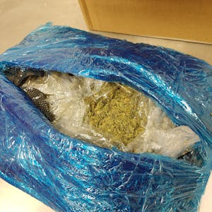 Marihuana in einem eingeschweißten Paket, welches in der Mitte offen ist, sodass man die Drogen sieht.