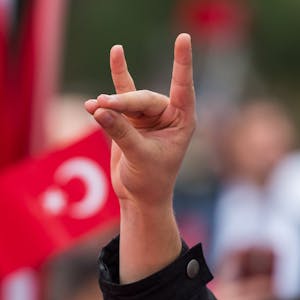 Eine Hand zeigt den "Wolfsgruß" der Grauen Wölfe während einer Pro-Türkischen Demonstration. Im Hintergrund wehen Türkeiflaggen.&nbsp;
