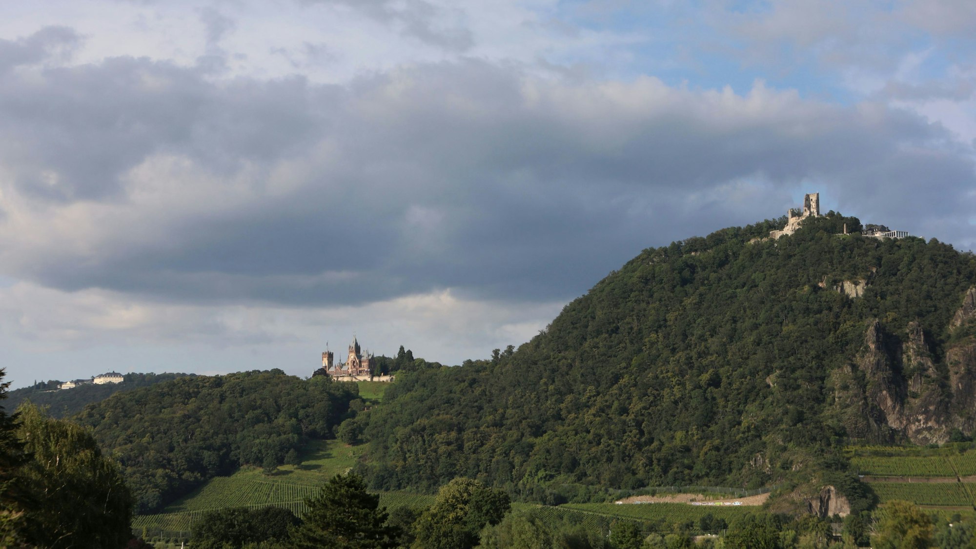 Eine Hügelkette mit grünen Bäumen und Weinbergen. Das Hotel auf dem Petersberg, Schloss Drachenburg und die Drachenfelsruine sind zu sehen.
